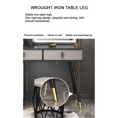 طاولة زينة فاخرة وعصرية وطاولة زينة مزودة بمرآة بإضاءة LED ورفوف تخزين وكرسي