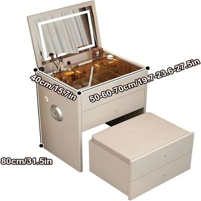 Smart Modern Compact Vanity Table with Mirror in 3 modes LED Light and Folding Bench 4 Drawers Storage Bluetooth Speaker USB Ports