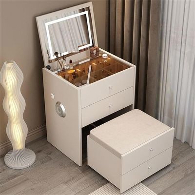 Smart Modern Compact Vanity Table with Mirror in 3 modes LED Light and Folding Bench 4 Drawers Storage Bluetooth Speaker USB Ports