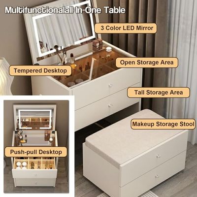 Smart Modern Compact Vanity Table with Mirror in 3 modes LED Light and Folding Bench 4 Drawers Storage Bluetooth Speaker USB Ports