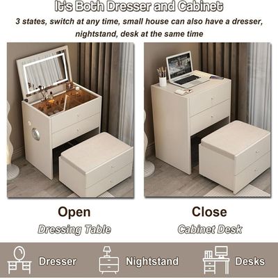 Smart Modern Compact Vanity Table with Mirror in 3 modes LED Light and Folding Bench 4 Drawers Storage Bluetooth Speaker USB Ports