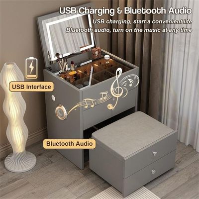 Smart Modern Compact Vanity Table with Mirror in 3 modes LED Light and Folding Bench 4 Drawers Storage Bluetooth Speaker USB Ports