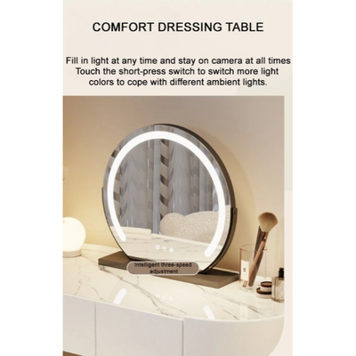 طاولة زينة مزودة بمرآة وخزانة أدراج جانبية مضيئة مستديرة وكرسي