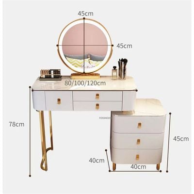 Elegant Simple Dressing Table with Mirror LED, Slate Marble Countertop Makeup Dresser with Storage Drawers and Chair - White