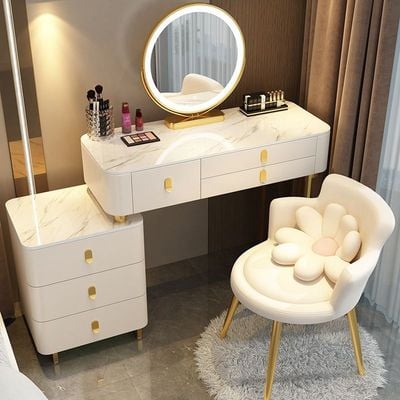 Elegant Simple Dressing Table with Mirror LED, Slate Marble Countertop Makeup Dresser with Storage Drawers and Chair - White