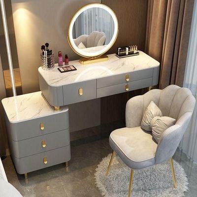Elegant Simple Dressing Table with Mirror LED, Slate Marble Countertop Makeup Dresser with Storage Drawers and Chair - Gray