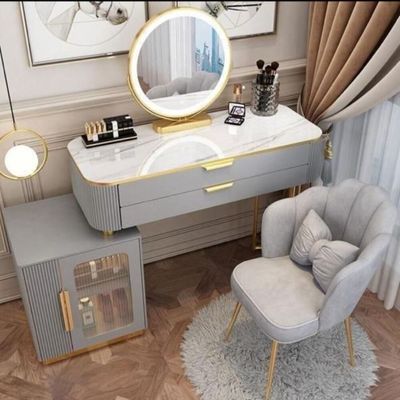 Dressing Table with Storage Side Table Drawers, Smart Mirror and a Chair - Gray