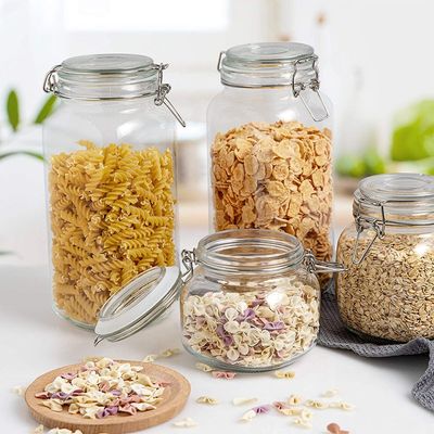 78oz Glass Food Storage Jars with Airtight Clamp Lids, 3 Pack Large Kitchen Canisters for Flour, Cereal, Coffee, Pasta and Canning, Square Mason Jars with Chalkboard Labels