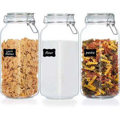 78oz Glass Food Storage Jars with Airtight Clamp Lids, 3 Pack Large Kitchen Canisters for Flour, Cereal, Coffee, Pasta and Canning, Square Mason Jars with Chalkboard Labels