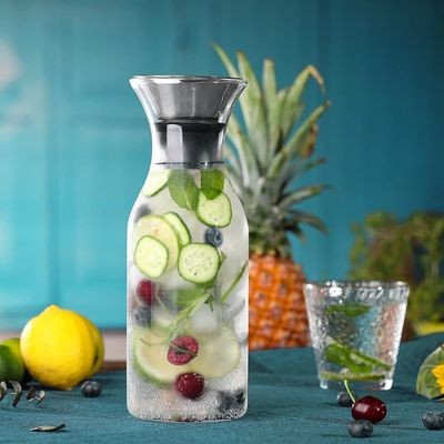 35 Oz Glass Drip-free Carafe with Stainless Steel Silicone Flip-top Lid - Glass Water Pitcher Fridge Carafe Ice Tea Maker