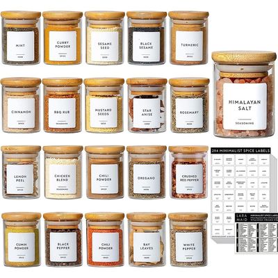 2.5oz 20Packs Glass Jars Set, Cylinder Spice Jars with Bamboo Lids and Customized Labels, Spice, Herbs, Seasoning, Seed, Tea, Sugar, Salt