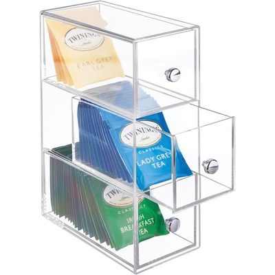 ACRAYLIC Kitchen Pantry Stackable Storage Organizer Container Station With 3 Drawers For Cabinet, Countertop, Holds Coffee, Tea, Sugar Packets, Creamers, Drink Pods, Packets - Clear