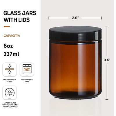  8 OZ Thick Amber Round Glass Jars with 12 Plastic Lids - Empty Candle Jar, Food Storage jars, Canning Jar For Spice, Powder, Liquid, Sample - Leakproof & Dishwasher Safe