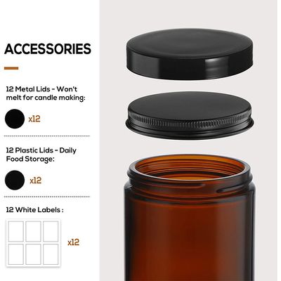  8 OZ Thick Amber Round Glass Jars with 12 Plastic Lids - Empty Candle Jar, Food Storage jars, Canning Jar For Spice, Powder, Liquid, Sample - Leakproof & Dishwasher Safe