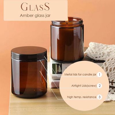  8 OZ Thick Amber Round Glass Jars with 12 Plastic Lids - Empty Candle Jar, Food Storage jars, Canning Jar For Spice, Powder, Liquid, Sample - Leakproof & Dishwasher Safe