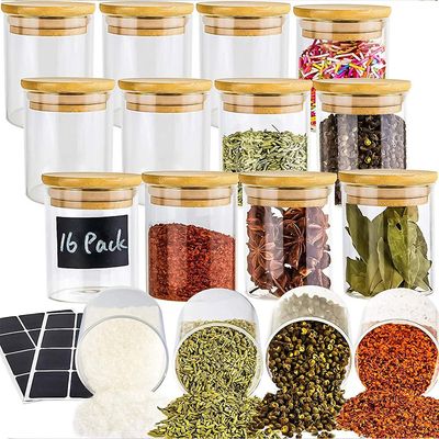 16 Pack Glass Jars with Lids, Airtight Bamboo Lids Spice Jars Set For Spice, Coffee, Beans, Candy, Nuts, Herbs, Dry Food Canisters (Extra Labels) - 6.5 oz Clear (16)