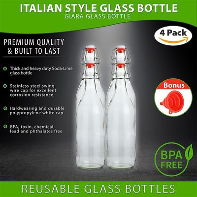 SWING TOP Glass Bottle, 1L/ 33fl. oz, Pack of 4, Clear