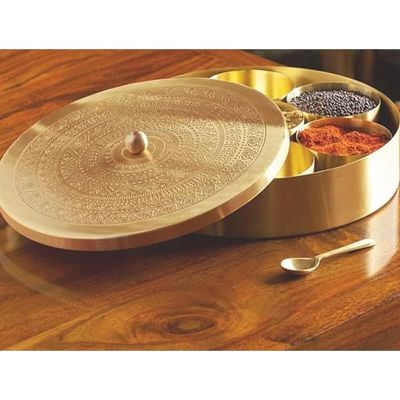 Quesera® Floral-Etched' Handcrafted Brass Spice Box Set for Kitchen with Spoon,Spice Box/Brass Masala Box/Masala Dani/Masala Dabba/Spice Container