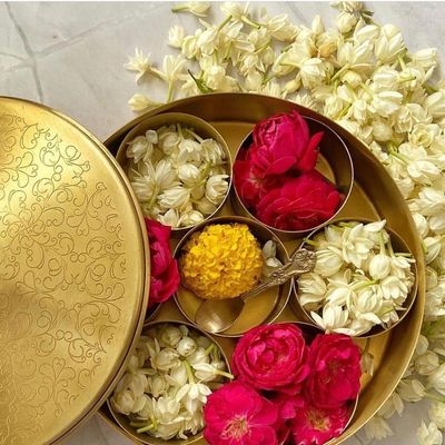 Quesera® Floral-Etched' Handcrafted Brass Spice Box Set for Kitchen with Spoon,Spice Box/Brass Masala Box/Masala Dani/Masala Dabba/Spice Container