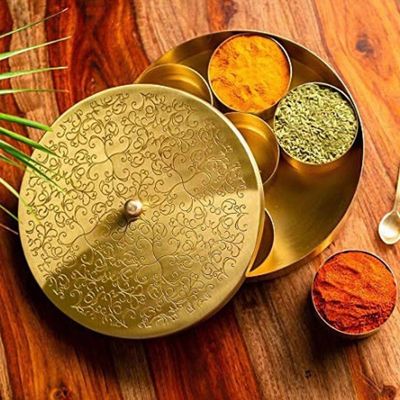 Quesera® Floral-Etched' Handcrafted Brass Spice Box Set for Kitchen with Spoon,Spice Box/Brass Masala Box/Masala Dani/Masala Dabba/Spice Container