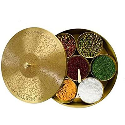 Quesera® Floral-Etched' Handcrafted Brass Spice Box Set for Kitchen with Spoon,Spice Box/Brass Masala Box/Masala Dani/Masala Dabba/Spice Container