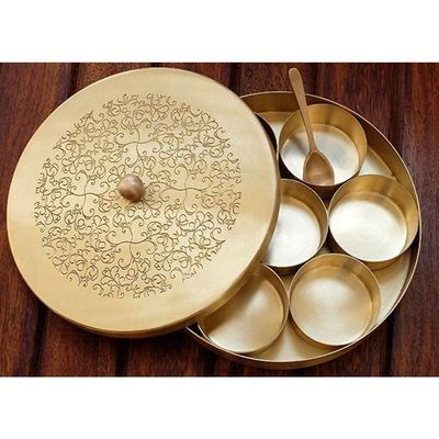 Quesera® Floral-Etched' Handcrafted Brass Spice Box Set for Kitchen with Spoon,Spice Box/Brass Masala Box/Masala Dani/Masala Dabba/Spice Container