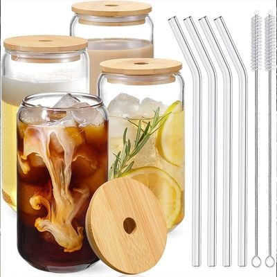 4 Pcs Drinking Glasses with Bamboo Lids and Glass Straw - 16oz Beer Glasses Can Shaped Glass Cups,Iced Coffee Glasses,Ideal for Whiskey, Soda, Tea,Great Gift + 2 Cleaning Brushes