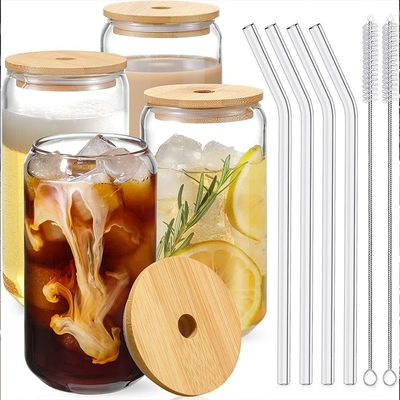4 Pcs Drinking Glasses with Bamboo Lids and Glass Straw - 16oz Beer Glasses Can Shaped Glass Cups,Iced Coffee Glasses,Ideal for Whiskey, Soda, Tea,Great Gift + 2 Cleaning Brushes
