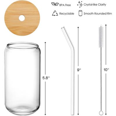 4 Pcs Drinking Glasses with Bamboo Lids and Glass Straw - 16oz Beer Glasses Can Shaped Glass Cups,Iced Coffee Glasses,Ideal for Whiskey, Soda, Tea,Great Gift + 2 Cleaning Brushes