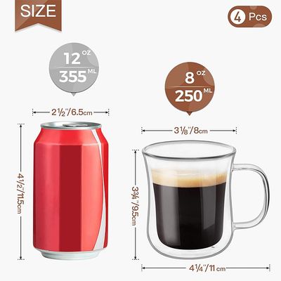 Double Walled Glass Coffee Mugs (8oz/250ml), Thermal Insulated Borosilicate Glass Cups with Handle for Tea, Coffee, Latte, Cappuccino, Hot and Cold Drinks Beverages, Pack of 4