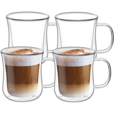Double Walled Glass Coffee Mugs (8oz/250ml), Thermal Insulated Borosilicate Glass Cups with Handle for Tea, Coffee, Latte, Cappuccino, Hot and Cold Drinks Beverages, Pack of 4