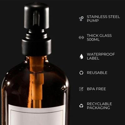 2 Pack Thick Amber Glass Soap Dispenser with Matte Black Stainless Steel Pump, 16oz.Round Bottles/Dispenser with Rustproof Pump for Oils, Lotion Soap