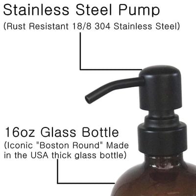 2 Pack Thick Amber Glass Soap Dispenser with Matte Black Stainless Steel Pump, 16oz.Round Bottles/Dispenser with Rustproof Pump for Oils, Lotion Soap