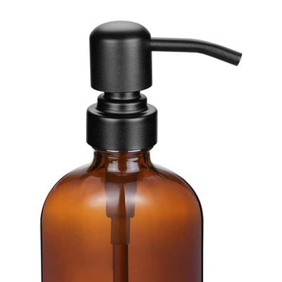 2 Pack Thick Amber Glass Soap Dispenser with Matte Black Stainless Steel Pump, 16oz.Round Bottles/Dispenser with Rustproof Pump for Oils, Lotion Soap