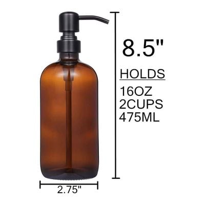 2 Pack Thick Amber Glass Soap Dispenser with Matte Black Stainless Steel Pump, 16oz.Round Bottles/Dispenser with Rustproof Pump for Oils, Lotion Soap