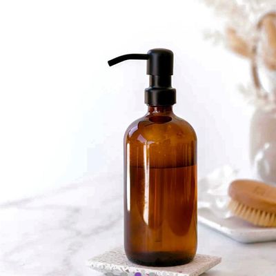 2 Pack Thick Amber Glass Soap Dispenser with Matte Black Stainless Steel Pump, 16oz.Round Bottles/Dispenser with Rustproof Pump for Oils, Lotion Soap