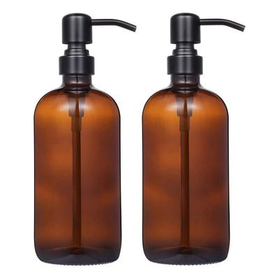 2 Pack Thick Amber Glass Soap Dispenser with Matte Black Stainless Steel Pump, 16oz.Round Bottles/Dispenser with Rustproof Pump for Oils, Lotion Soap