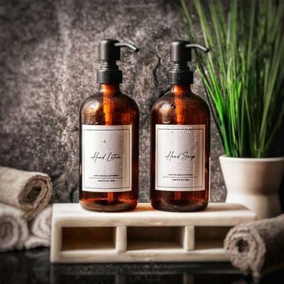 2 Pack Thick Amber Glass Soap Dispenser with Matte Black Stainless Steel Pump, 16oz.Round Bottles/Dispenser with Rustproof Pump for Oils, Lotion Soap