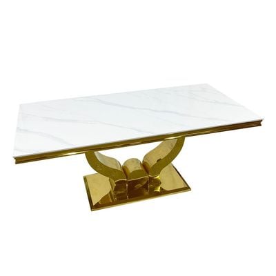 Maple Home Accent Dining Table Marble Pattern Top Rock Stone Sturdy Versatile Golden Metal Frame High Glossy Mirrored Finish Dining Living Room Luxury Restaurant Furniture 180*90cm