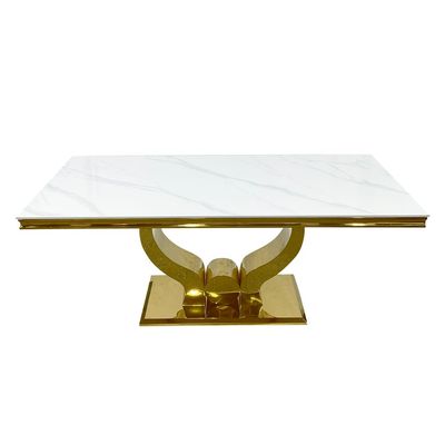 Maple Home Accent Dining Table Marble Pattern Top Rock Stone Sturdy Versatile Golden Metal Frame High Glossy Mirrored Finish Dining Living Room Luxury Restaurant Furniture 180*90cm