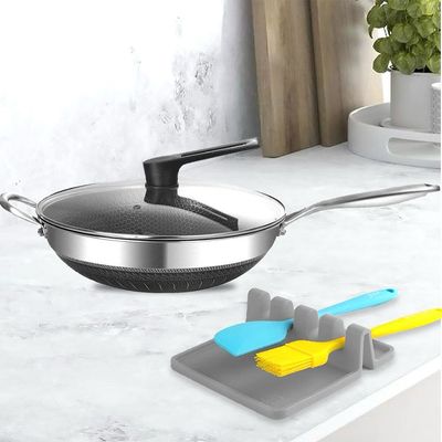 Quesera Stainless steel Non - stick , Honeycomb Fry  Wok with Glass lid and Silicone Utensil Rest with Drip Pad