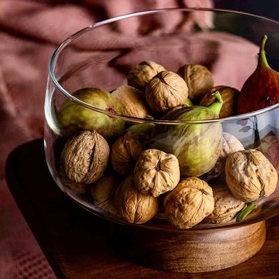 European Glass  and walnut wooden Fruit Bowl