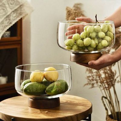 European Glass  and walnut wooden Fruit Bowl