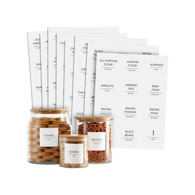 Effortless Organisation with 144 Pantry Labels for Containers, Food Storage - Preprinted Black All-Caps on Matte White Vinyl Stickers for Minimalist Style Kitchen (Water Resistant)