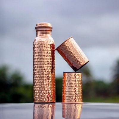 Pure Hammered Copper Bottle with 2 Glasses