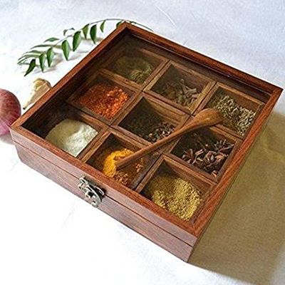 Wooden handcrafted Multipurpose  Spice box with nine partitions and spoon