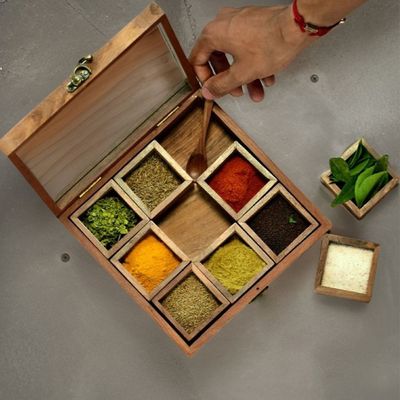 Wooden handcrafted Multipurpose  Spice box with nine partitions and spoon