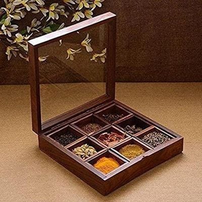 Wooden handcrafted Multipurpose  Spice box with nine partitions and spoon