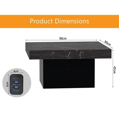 Mahmayi Modern Coffee Table with BS02 USB Port Square Shape Tabletop - Black Pietra Grigia and Black 