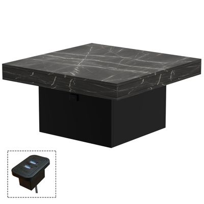 Mahmayi Modern Coffee Table with BS02 USB Port Square Shape Tabletop - Black Pietra Grigia and Black 